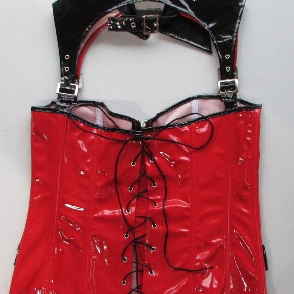 Red Black Shiny Vinyl Collared Corset - NEW - Picture 6 of 8